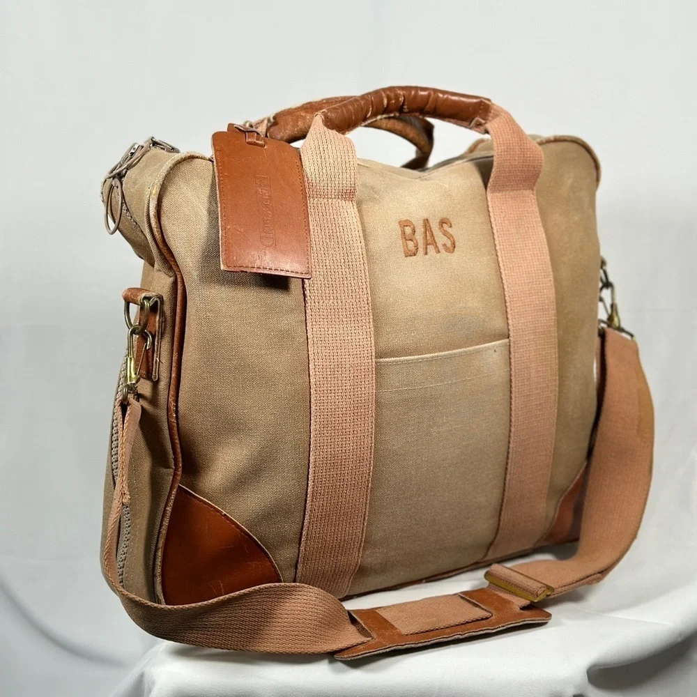 Lands’ End Square Rigger Canvas + Leather Briefcase / Messenger, Khaki, Vintage